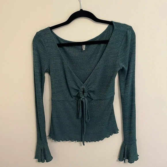 Free People Intimately Free Say When Green and Metallic Long Sleeve Top, S - Picture 11 of 13